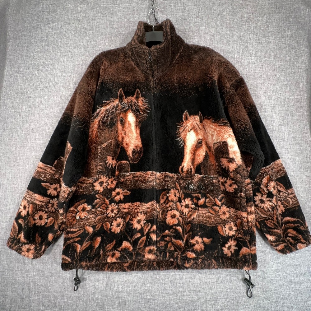 Vintage  Bear Ridge Horse Fleece Jacket Womens M Oversized Western Made in USA